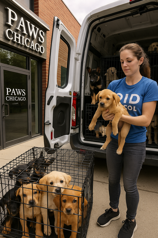 Texas-puppy's gered uit overstroming, aangekomen in PAWS Chicago
