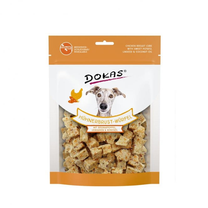 Dokas Dog Snack Kipborst-blokjes met Zoete Aardappel & Lijnzaad - 150 g